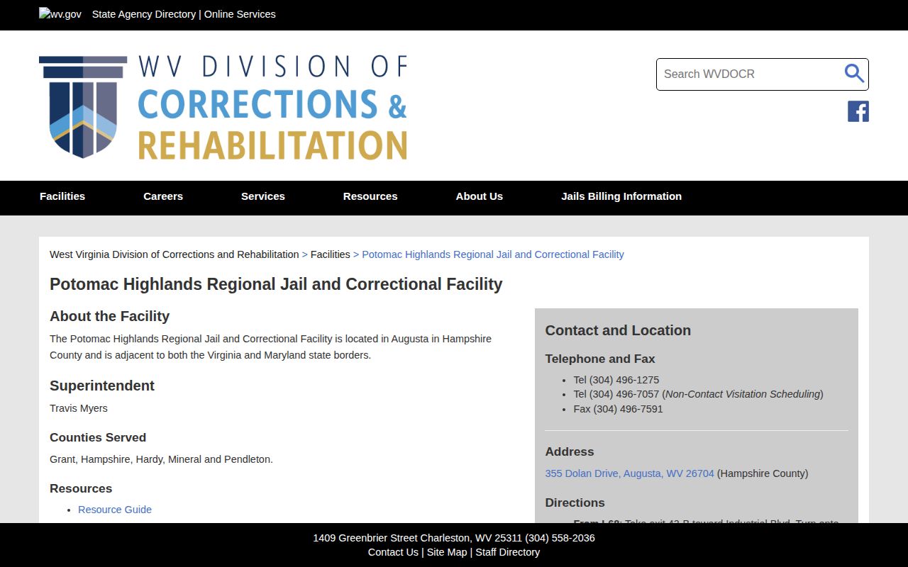 Official WVDCR Potomac Highlands Regional Jail facility page listing Hardy County